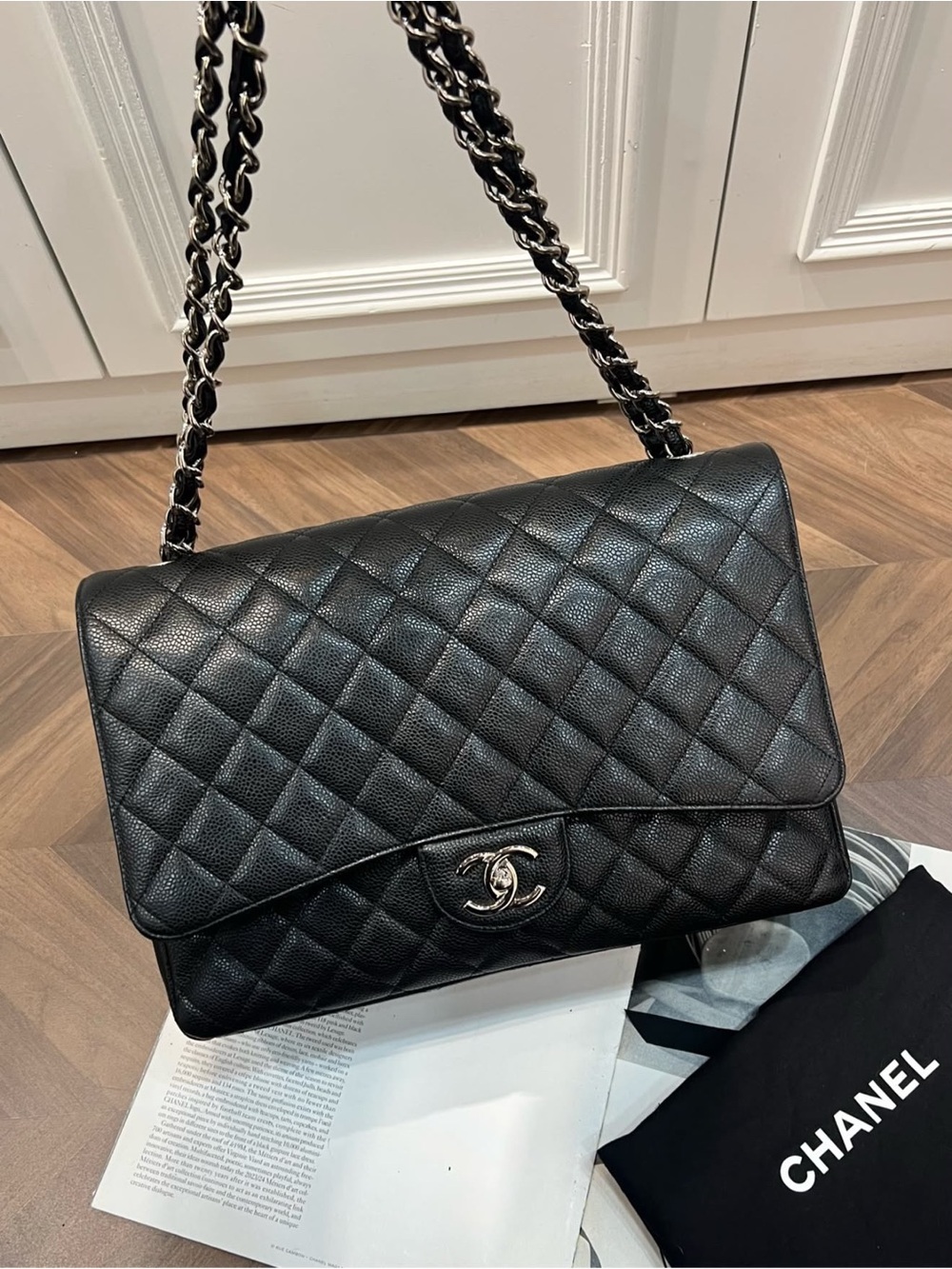 Chanel Maxi Classic Caviar Black Leather Shoulder Bag SHW.